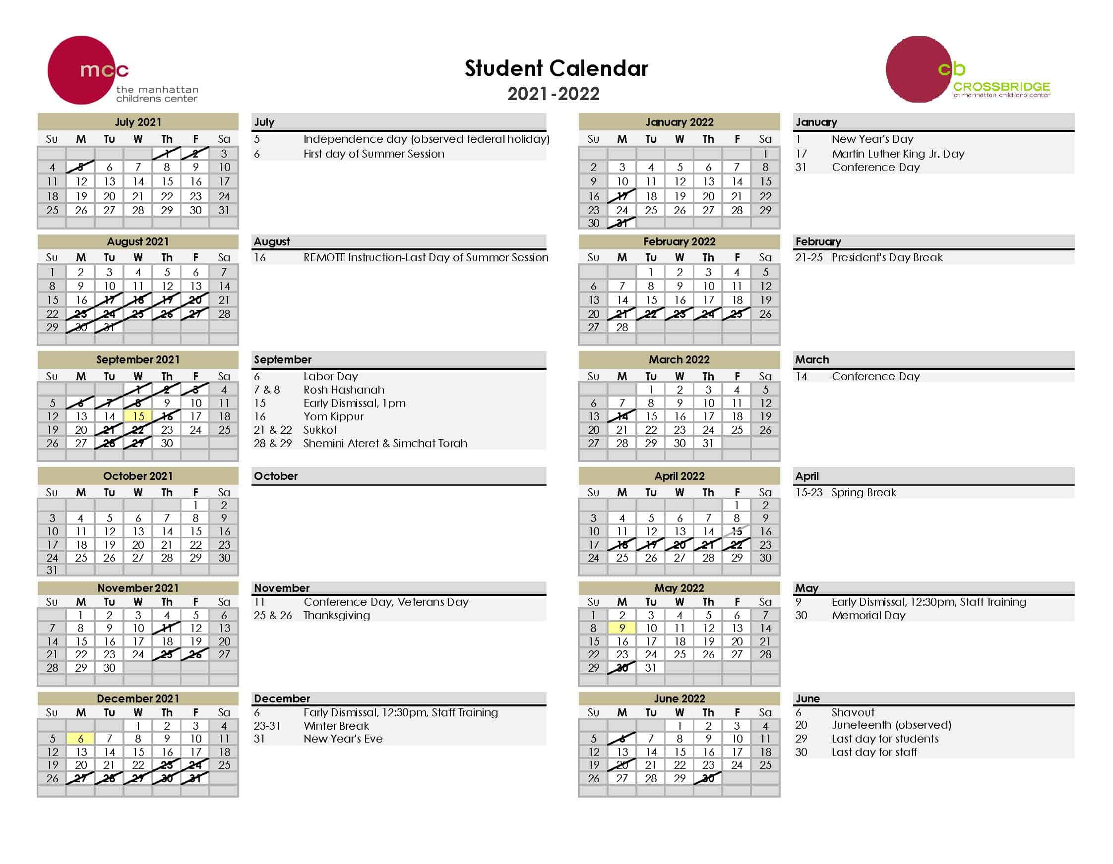 Mcc Academic Calendar Spring 2022 Mcc Calendar - Mcc School Calender 2018 - Manhattan Childrens Center